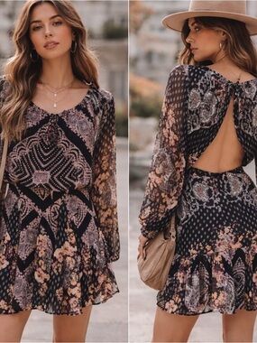 Free People Black Floral Open-Back Long-Sleeve Mini Dress